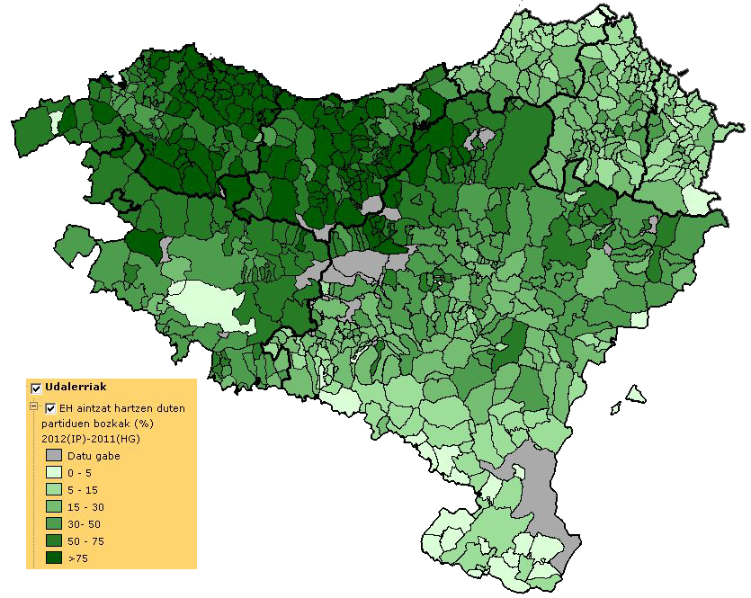 Iparraldeko udalerrien %81,1ean bozka abertzalearen presentzia altuagoa izan da 2012ko hauteskundeetan 2007koan baino
